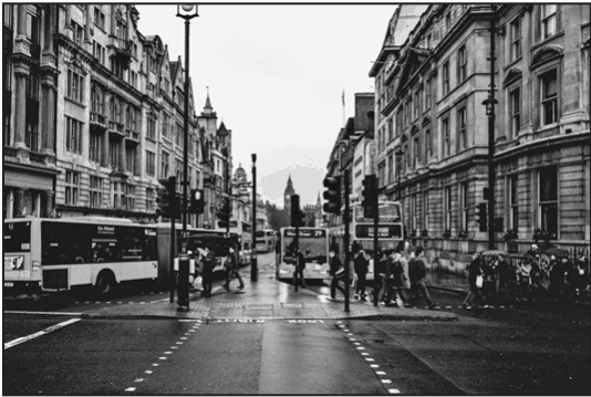 Public transportation on a busy street in Europe