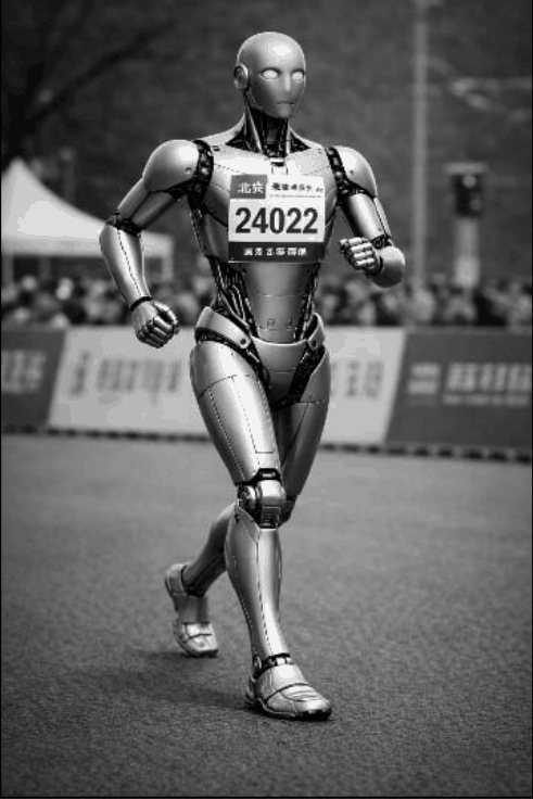 A humanoid robot running in a race