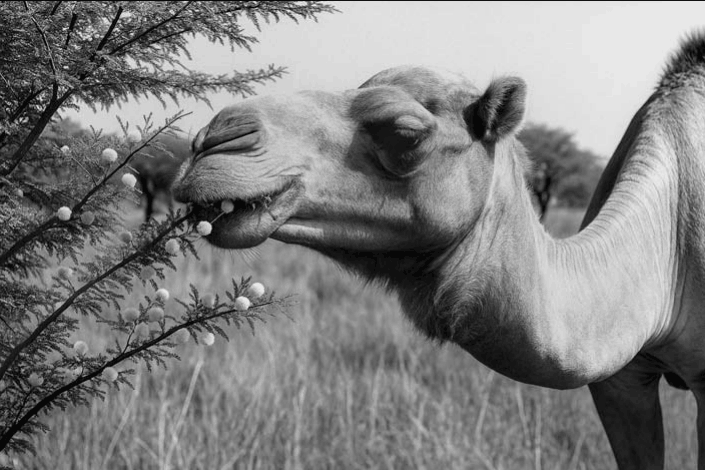 A camel eats flowers on an acacia tree