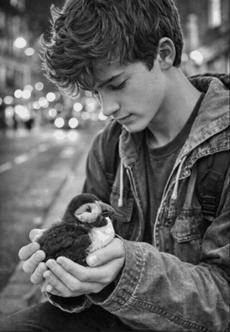 A boy holds a young puffin